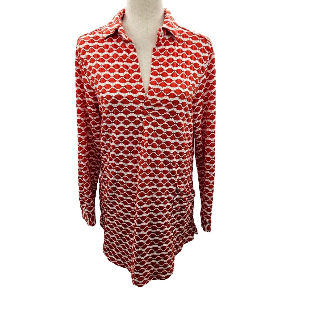 Orange White Geometric Textured Knit Roll Tab‎ Sleeve Tunic Top